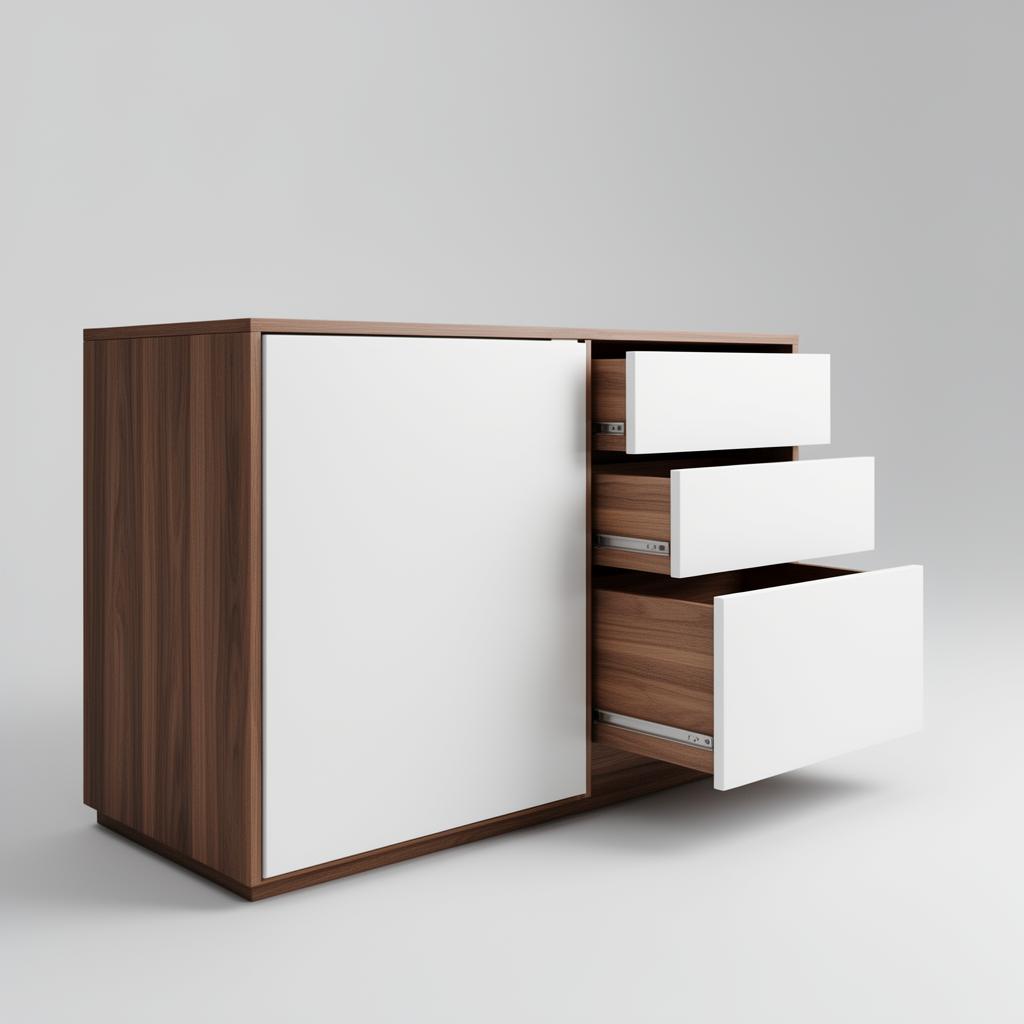 Render 3D del mueble terminado en madera nogal y blanco mate