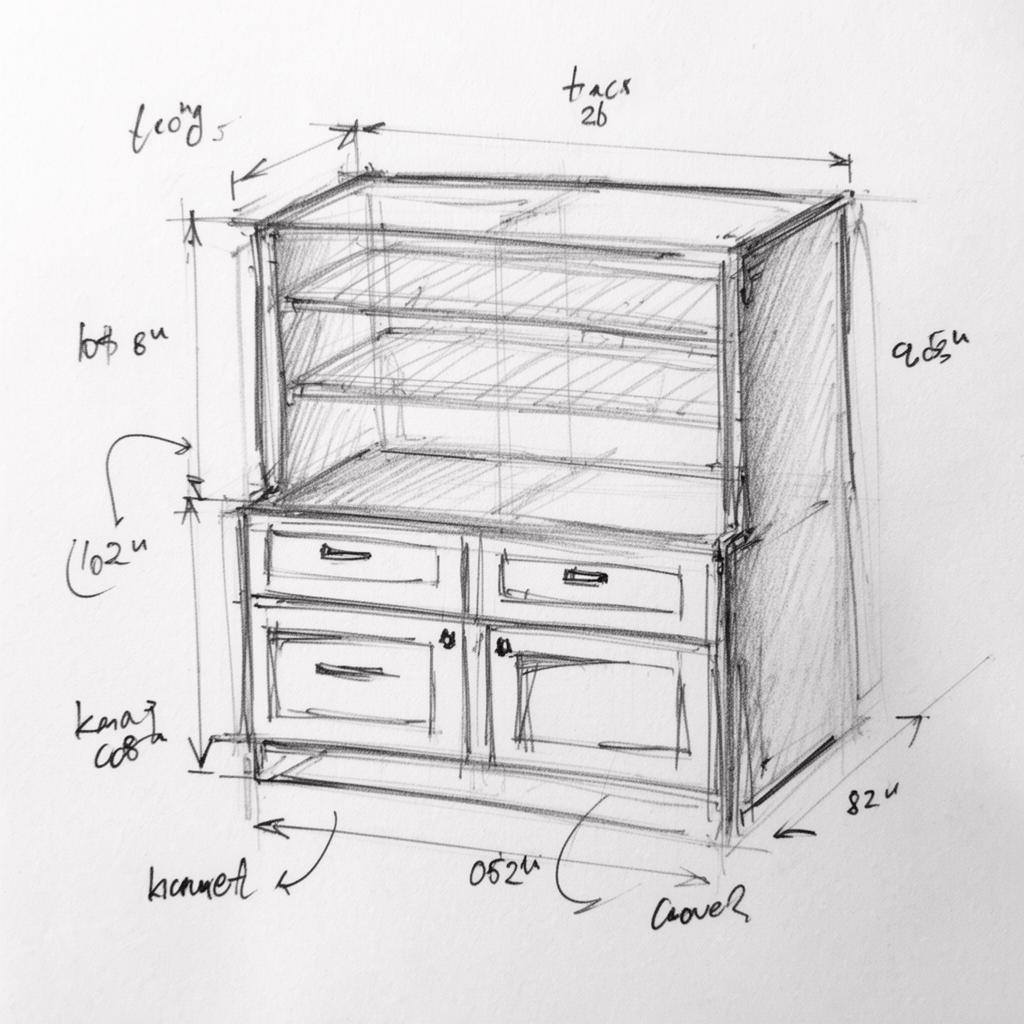 Boceto a lápiz de un mueble con cotas anotadas